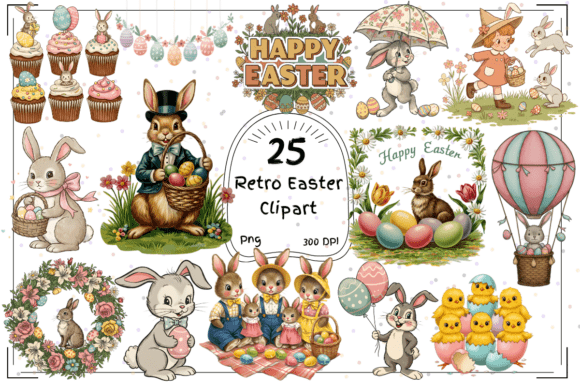 25 Retro Easter Clipart - Vintage Bunny: A Nostalgic Touch for Creative Projects