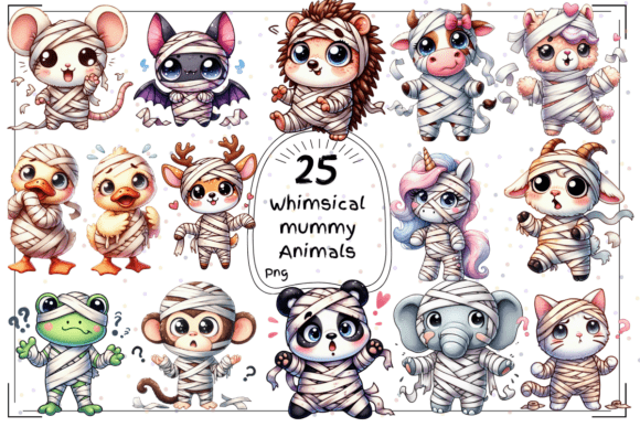 25 Whimsical Watercolor Mummy Animal Bundle