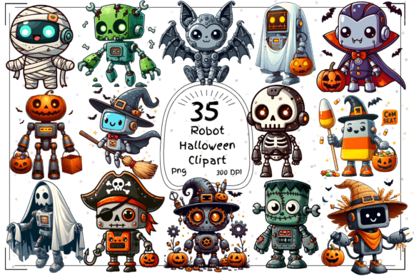 35 Halloween Robot Clipart Set: A Spooky Fusion of Tech and Tradition