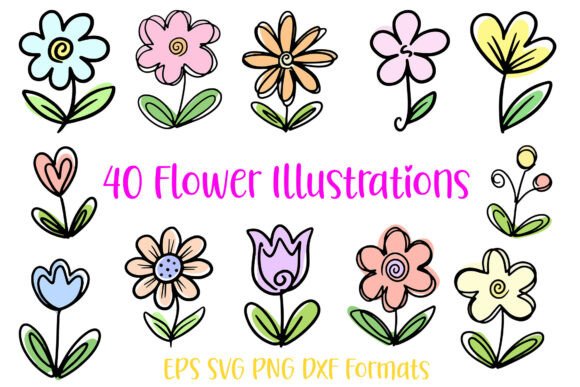 40 Heart Doodle Hand Drawn Flowers Flora for Creative Projects