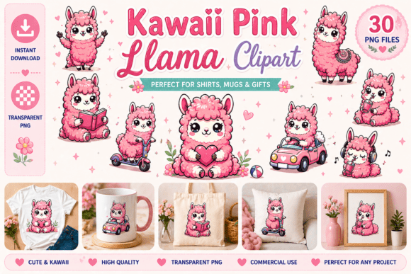 Cute Kawaii Pink Llama Clipart: A Burst of Color and Cuteness for Your Creative Projects