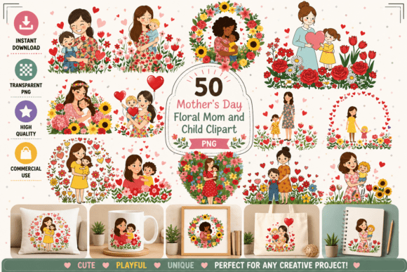 Discover the Magic of Mother’s Day Floral Mom and Child Clipart