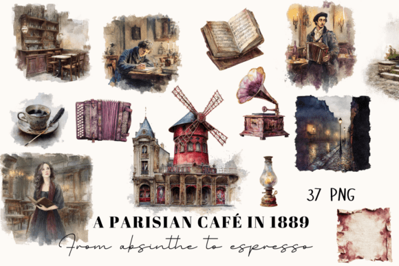 Parisian Café Clipart Set: Bringing 19th-Century Bohemian France to Your Creative Projects