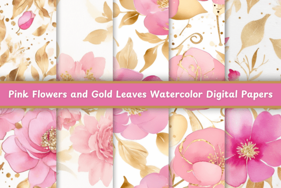 Pink Flowers and Gold Leaves Watercolor
