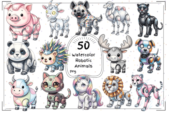 Soft Futurism: 50 Watercolor Robotic Animals Clipart